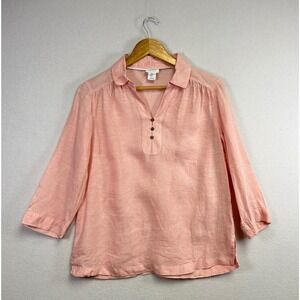 Sigrid Olsen Pink 100% Linen Collared Button Neck 3/4 Sleeve Tunic Top Size S